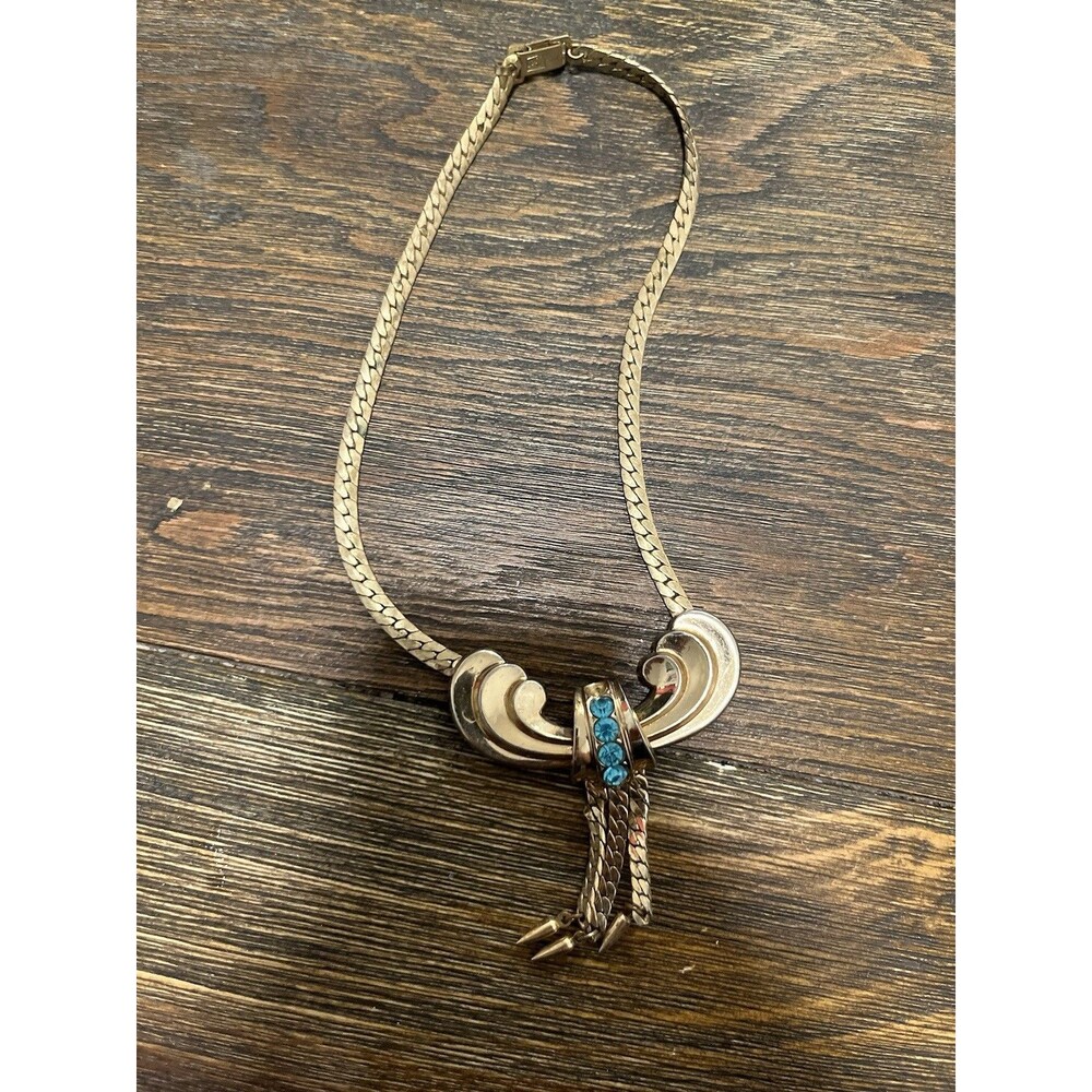 Vintage CARR Gold Tone Turquoise Rhinestone Statement Necklace Tassel Retro